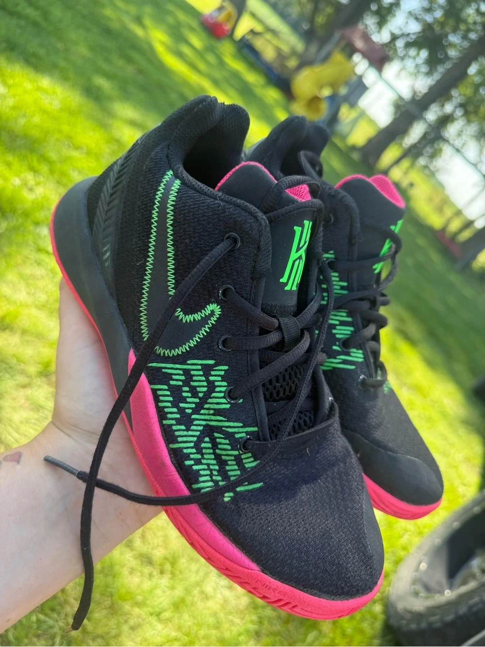 Nike Kids Black Sneakers with Neon Green Stitching & Pink Soles